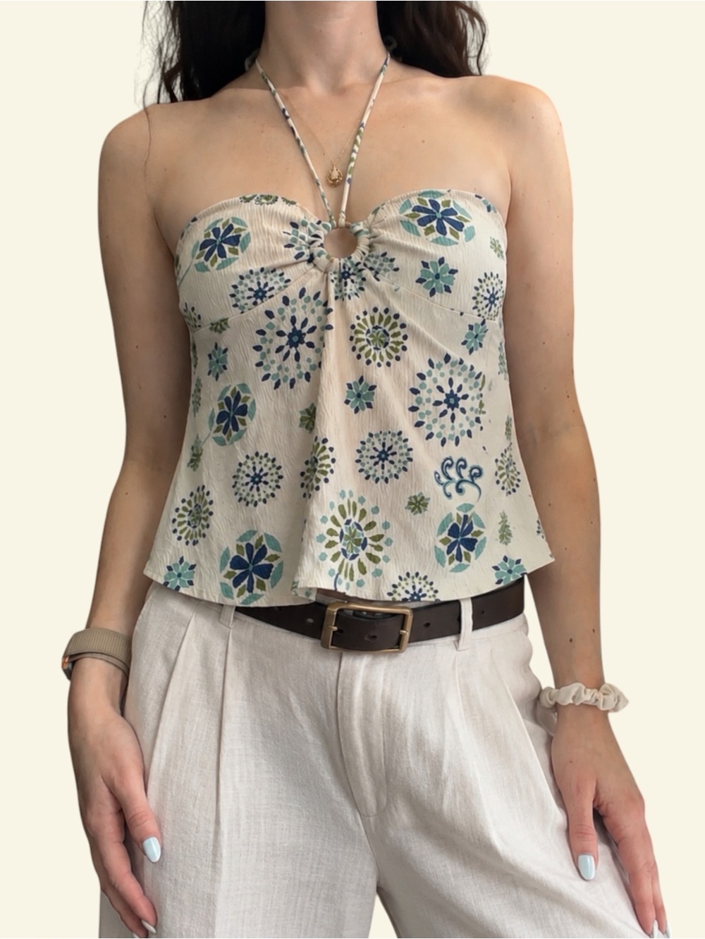 VTG Y2K Self Esteem Boho O-Ring Halter Top Smocked Floral Medallion Blue Green M